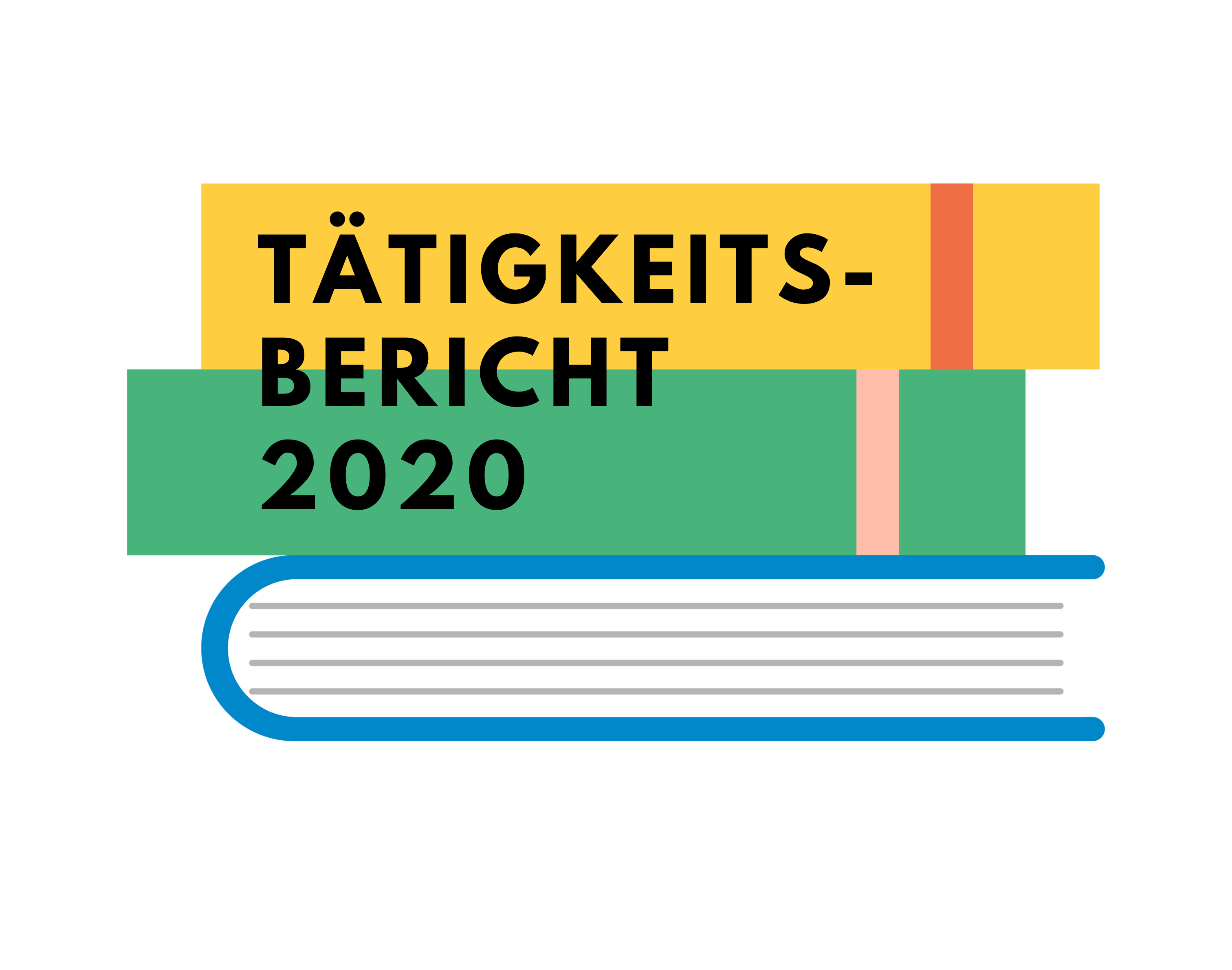 Dekorative Grafik: Bunter Bücherstapel mit der großen schwarzen Überschrift "Tätigkeitsbericht 2020"
